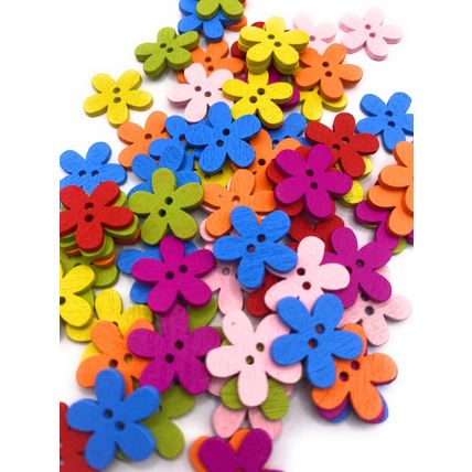 15mm x 30 Flower Shaped Wooden Buttons Mixed Colours Great for Crafts Sewing