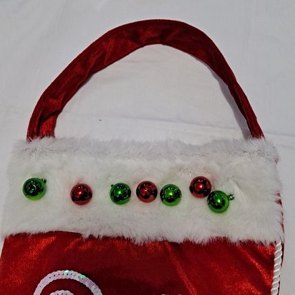 Whimsical Red ELF TOE CHRISTMAS STOCKING Velvet Satin Fuzzy Jingle Bells 23"