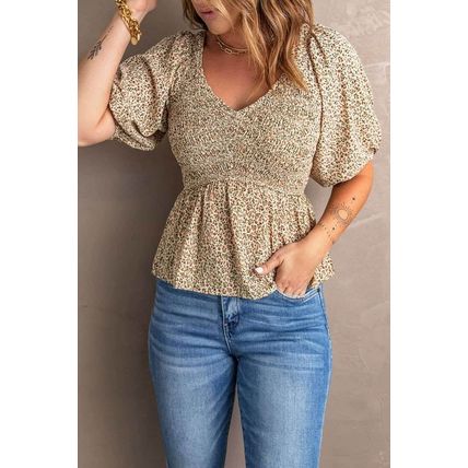 Floral Print Puff Sleeve Smocked Top