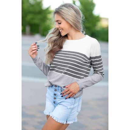 Gray Striped Colorblock Sweater