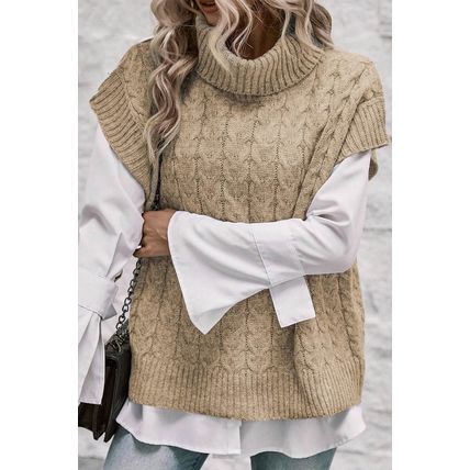 Light French Beige Cable Knit Turtleneck Batwing Sleeve Sweater