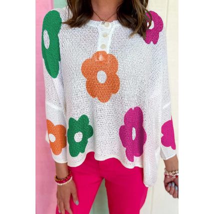 White Floral Print Buttoned Loose Lightweight Sweater