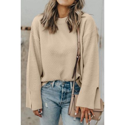 Parchment Solid Textured Knit Split Cuff Drop Shoulder Loose Sweater