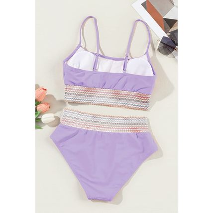 Orchid Petal Striped Patchwork Spaghetti Strap High Waist Bikini Swimsuit