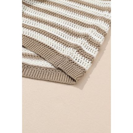 Khaki Stripe Hollowed Knit Sleeveless Sweater Dress