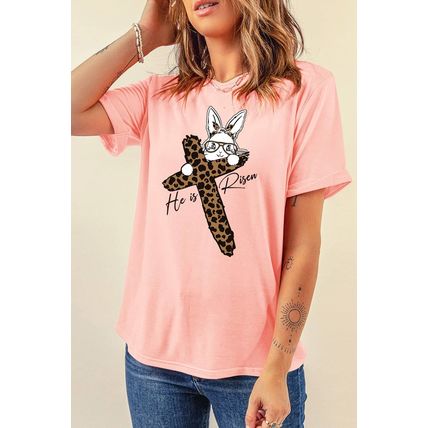 Pink He is Risen Easter Bunny Leopard Cross Graphic Tee