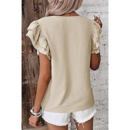 Beige Solid Color Ruffled Short Sleeve Casual Blouse