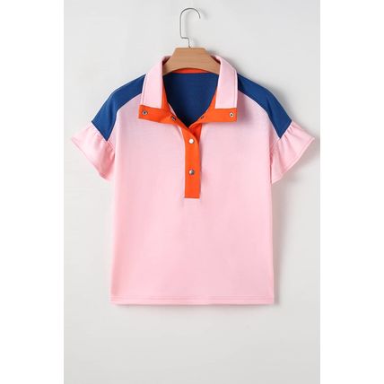 Gossamer Pink Color Block Half Buttoned Ruffled Short Sleeve T Shirt