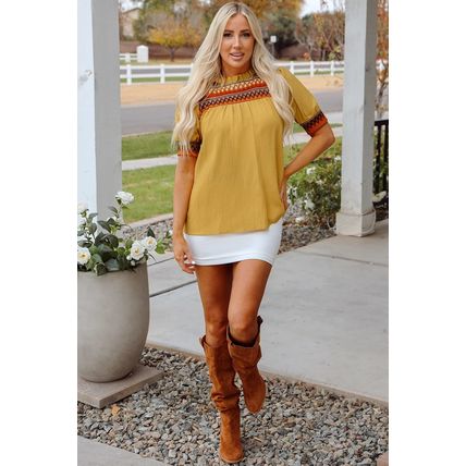 Mustard Geometric Short Puff Sleeve Frilled Collar Blouse