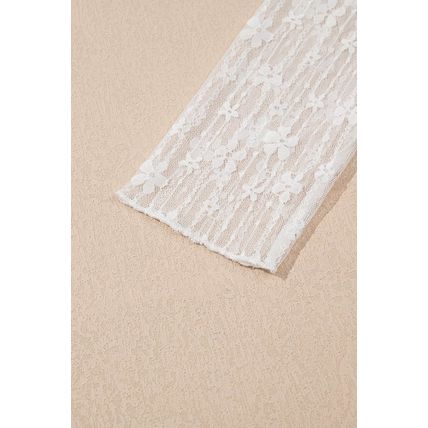 White Sheer Floral Lace Long Sleeve Slim Fit Top