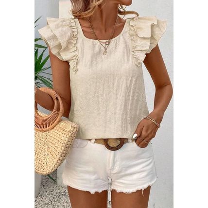 Beige Textured Bow Knot Frilled Butterfly Sleeve Blouse