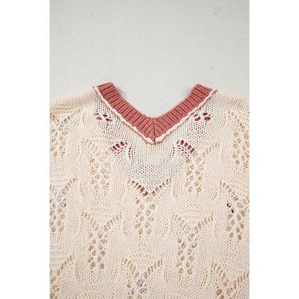 Delicacy Embroidered Flowers Colorblock Edge Hollowed Sweater