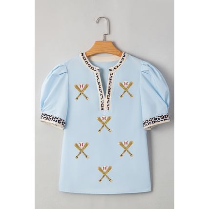 Beau Blue Sequin Baseball Set Contrast Leopard Trim Short Puff Sleeve Blouse