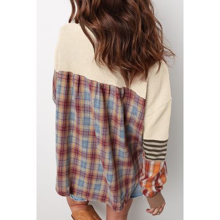 Beige Waffle Stripe Plaid Patchwork Henley Knit Top