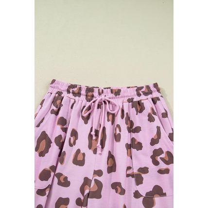 Pink Drawstring Leopard Print Patch Pocket Loose Pants