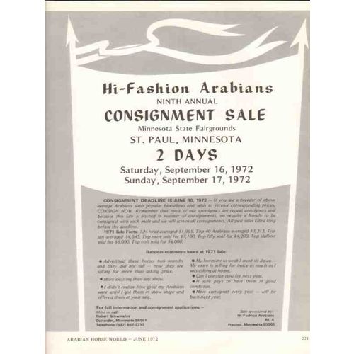 hi-fashion arabians 1972 consignment sale equestrian horse vintage ad