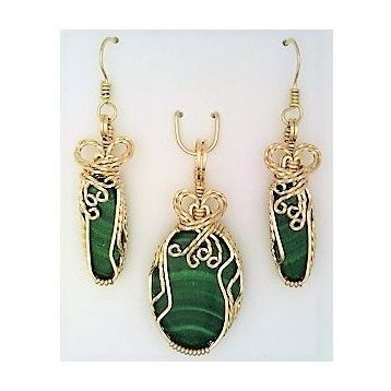 Malachite Gold Wire Wrap Gemstone Pendant Drop Earrings Set 2
