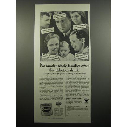 1933 Cocomalt Drink Ad - No wonder whole families adore this delicious drink