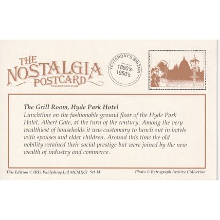 The Nostalgia Postcard 1890's - 1950's - The Grill Room, Hyde Park Hotel