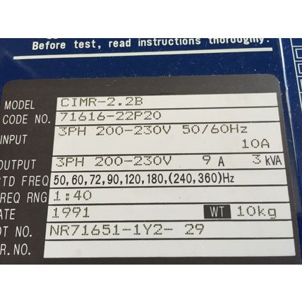 NEW YASKAWA CIMR-2.2B,VARISPEED 616HII,NR71651-1Y2-29 DRIVE 2HP 230VAC,AP