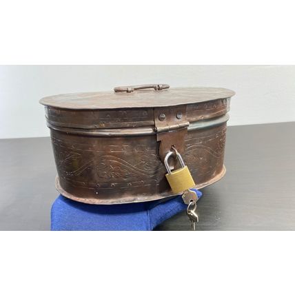 Vintage 1930s Era Metal Tin, Oval Floral Tool Box Case with lock and key Decorat