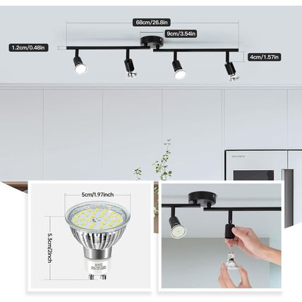 wowatt 4 Way LED Ceiling Spotlight Fittings, Black Ceiling Light Rotatable