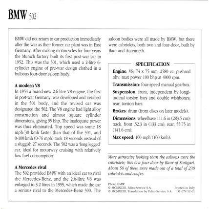 Collectors Club card. Classic Cars. BMW 502