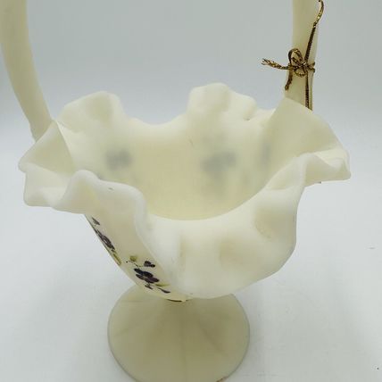 Fenton Basket Art Custard Glass Signed Ruffled Floral Butterfly Hand Painted