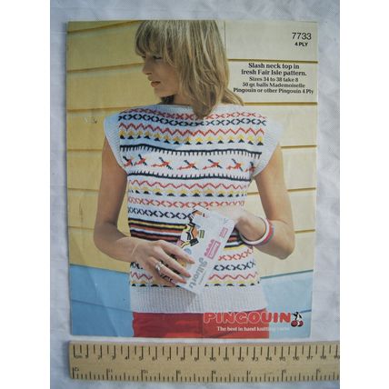 Vintage: Pingouin 7733 slash neck top fair isle, 4 ply, 34-38 inch, 86-96 cm