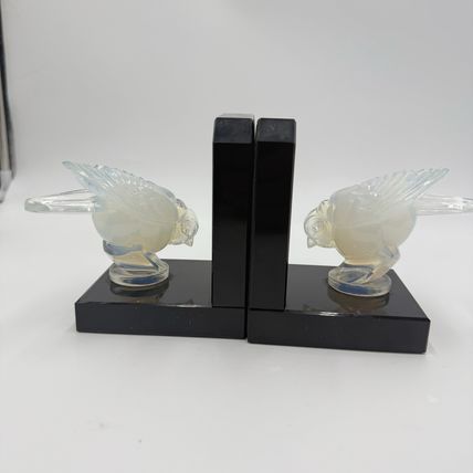 Sabino France Opalescent Art Glass Moineau Gourmand Sparrow Bookends Marble Base