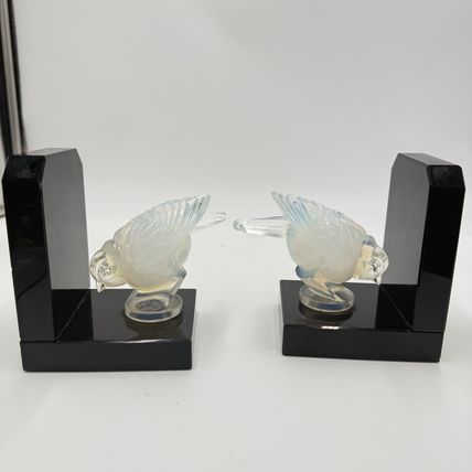 Sabino France Opalescent Art Glass Moineau Gourmand Sparrow Bookends Marble Base