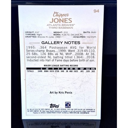 CHIPPER JONES 2018 TOPPS GALLERY BASEBALL CARD #94