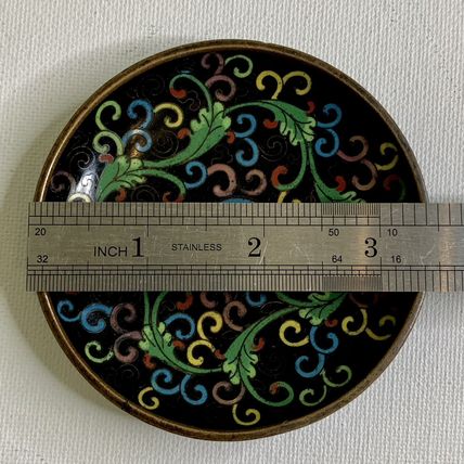 Antique Chinese Metal Cloisonné Saucer Bowl Trinket Dish Longevity Long Life 3.5