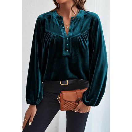 Skobeloff Lantern Sleeve Beaded Split V Neck Velvet Top