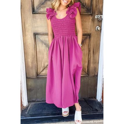 Rose Red Solid Color Ruffled Straps Smocked Ruched Maxi Dress