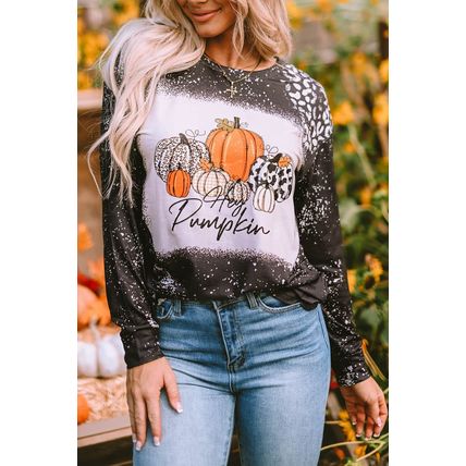 Black Leopard Bleached Pumpkin Graphic Long Sleeve Top