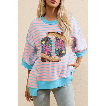 Pink Stripe Sequin Western Cactus Boots Graphic Half Sleeve T Shirt