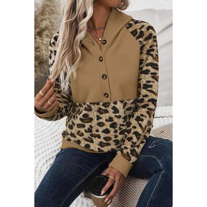 Light French Beige Leopard Print Patchwork Raglan Sleeve Half Buttons Hoodie