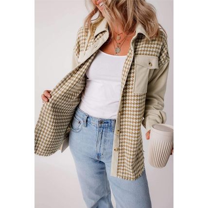 Parchment Houndstooth Corduroy Patchwork Flap Pocket Shacket