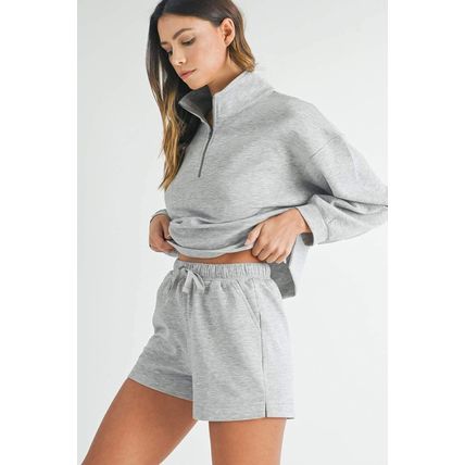 Light Grey Stand Neck Zipped Sweatshirt and Shorts Set
