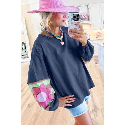 Sail Blue Flower Patchwork Raglan Sleeve Exposed Seam Oversized Top