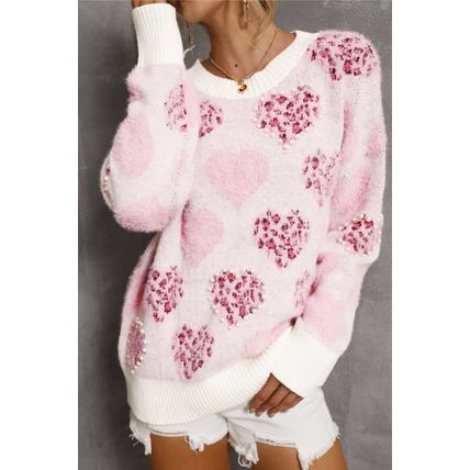Pink Heart Leopard Print Pearled Ribbed Trim Fuzzy Sweater