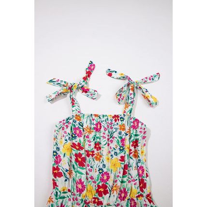 Red Floral Knotted Straps Cinched Waist Ruffle Hem Mini Dress