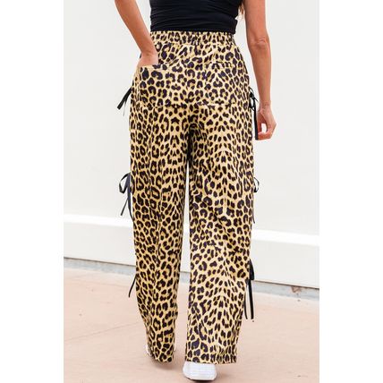 Brown Leopard Print Bow Tie Drawstring Elastic Waist Loose High Waist Pants