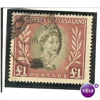 Rhodesia & Nyasaland 1954 £1 Olive Green & Lake Used SG 15