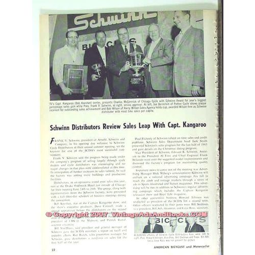 SCHWINN BICYCLE 1963 Chicago Cycle Capt Kangaroo sales vintage article