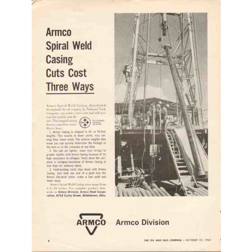 ARMCO STEEL CORP 1962 Spiral weld casing cut cost drill oil vintage ad