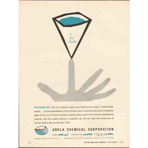 ARKLA CHEMICAL CORP 1962 Balancing Act paper cup finger vintage ad