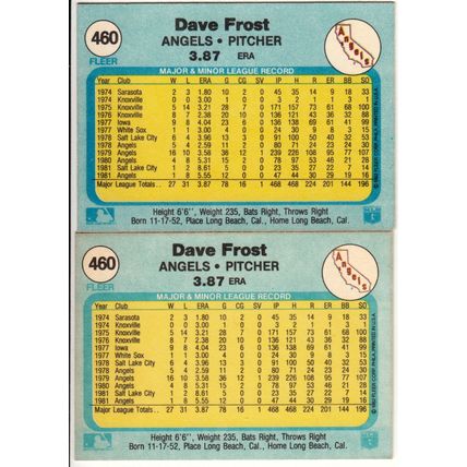 Both 1982 Fleer card error variations 460 Dave Frost 1mm & 5mm space before ERA