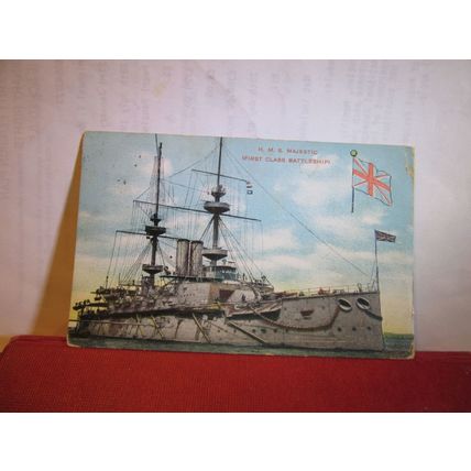 'H.M.S MAJESTIC' BATTLESHIP used antique postcard by G. D & D. 1906 pm =